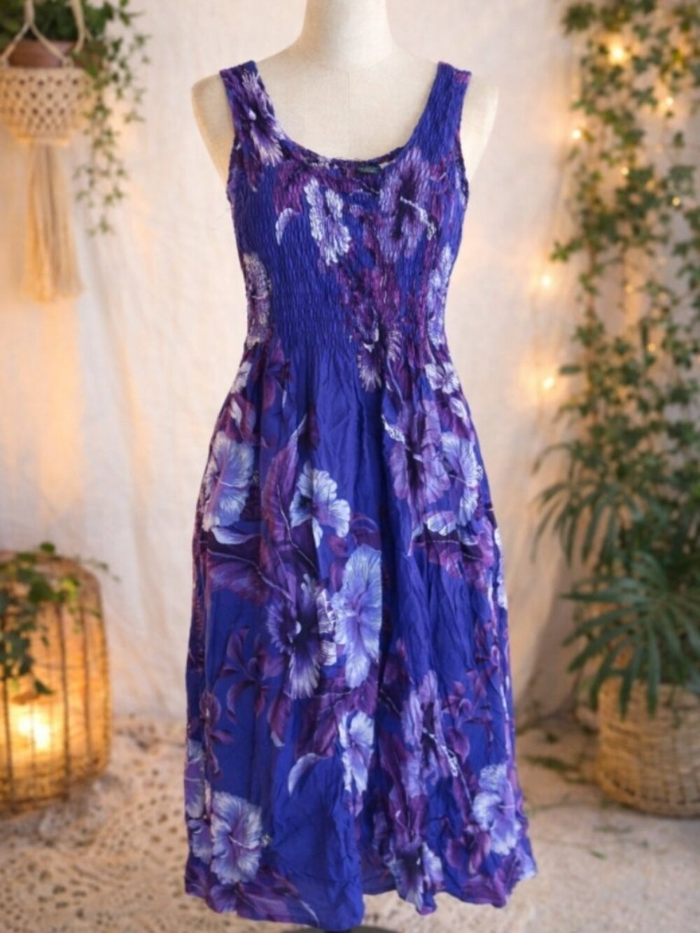 Hibiscus Collection Smocked Floral Crinkle Dress M Boho Resortwear Purple Beachy